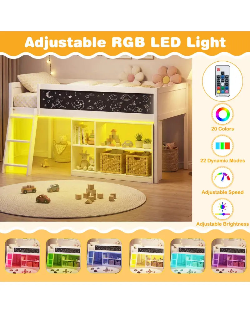 Twin Size Kids Loft Bed with LED Lights and Removable Bookcase-White - White - Bunk Bed Frame