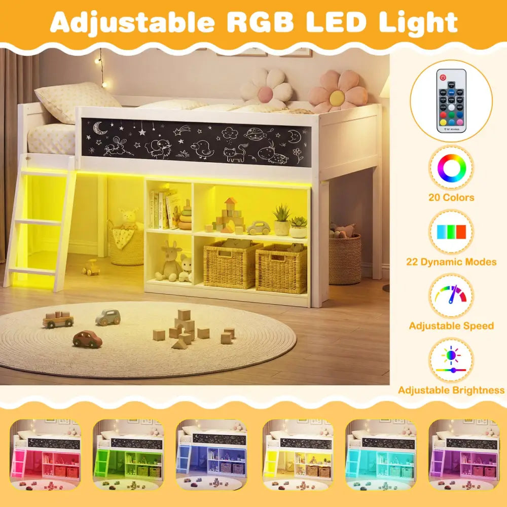 Twin Size Kids Loft Bed with LED Lights and Removable Bookcase-White - White - Bunk Bed Frame