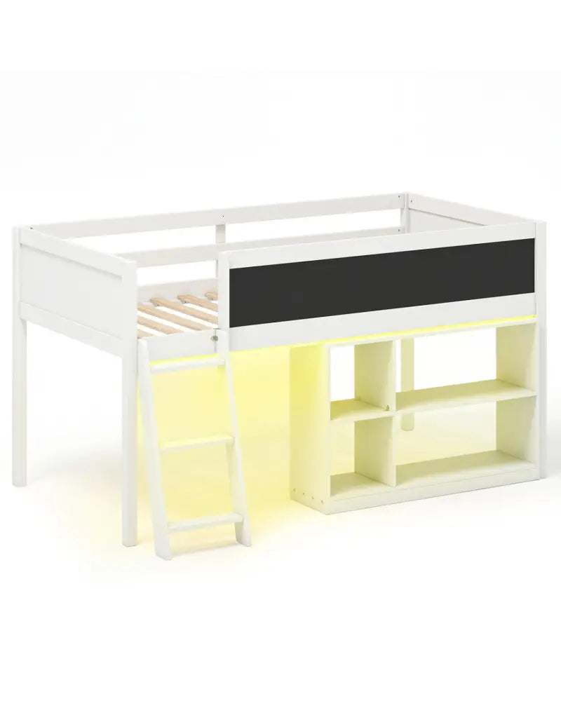 Twin Size Kids Loft Bed with LED Lights and Removable Bookcase-White - White - Bunk Bed Frame