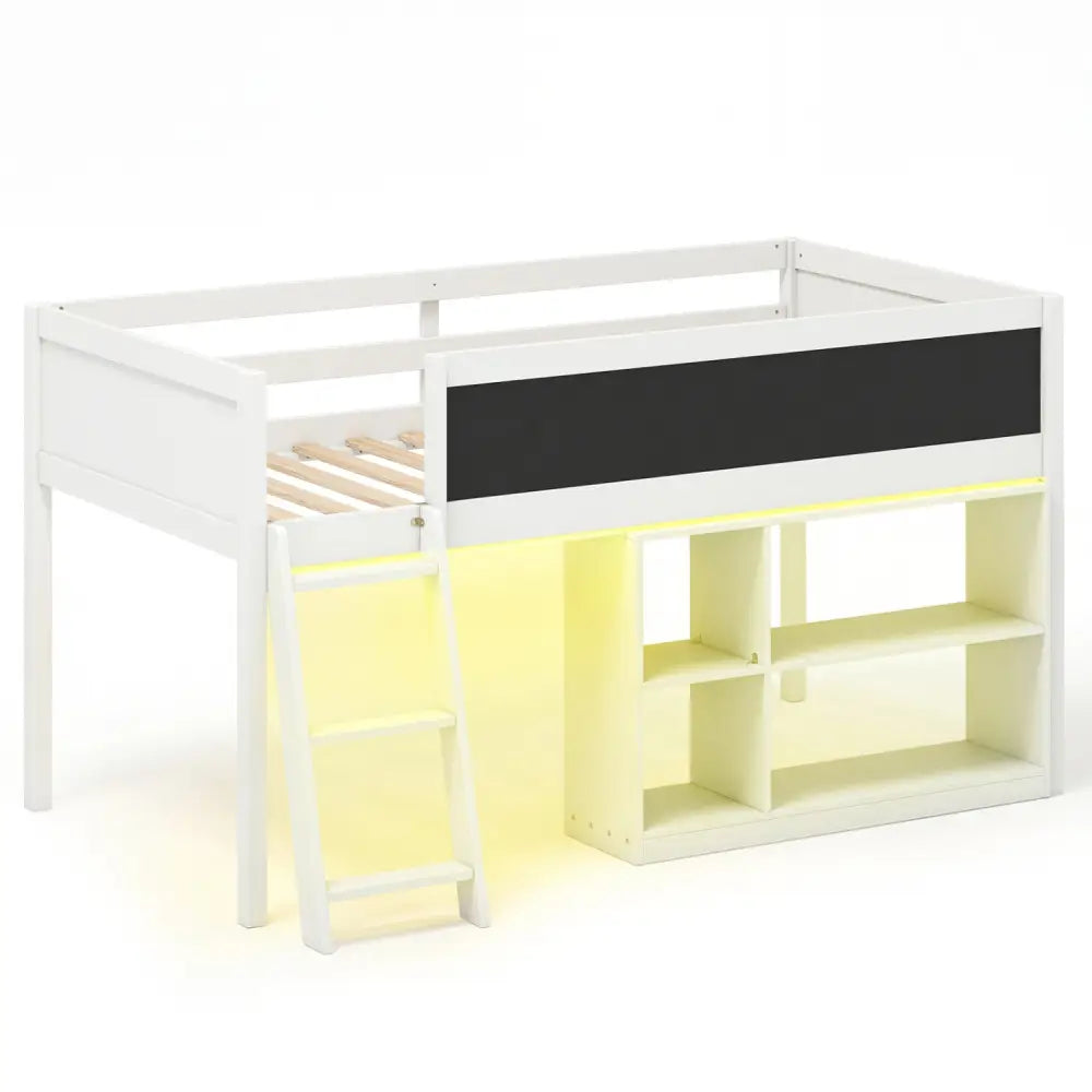 Twin Size Kids Loft Bed with LED Lights and Removable Bookcase-White - White - Bunk Bed Frame