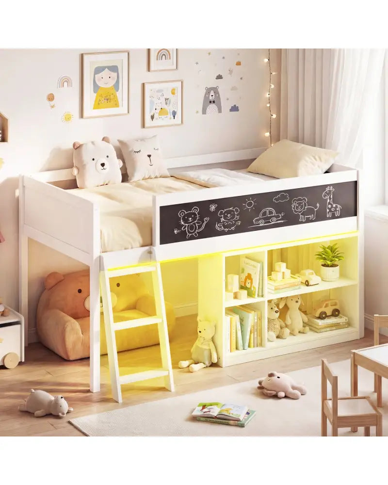 Twin Size Kids Loft Bed with LED Lights and Removable Bookcase-White - White - Bunk Bed Frame