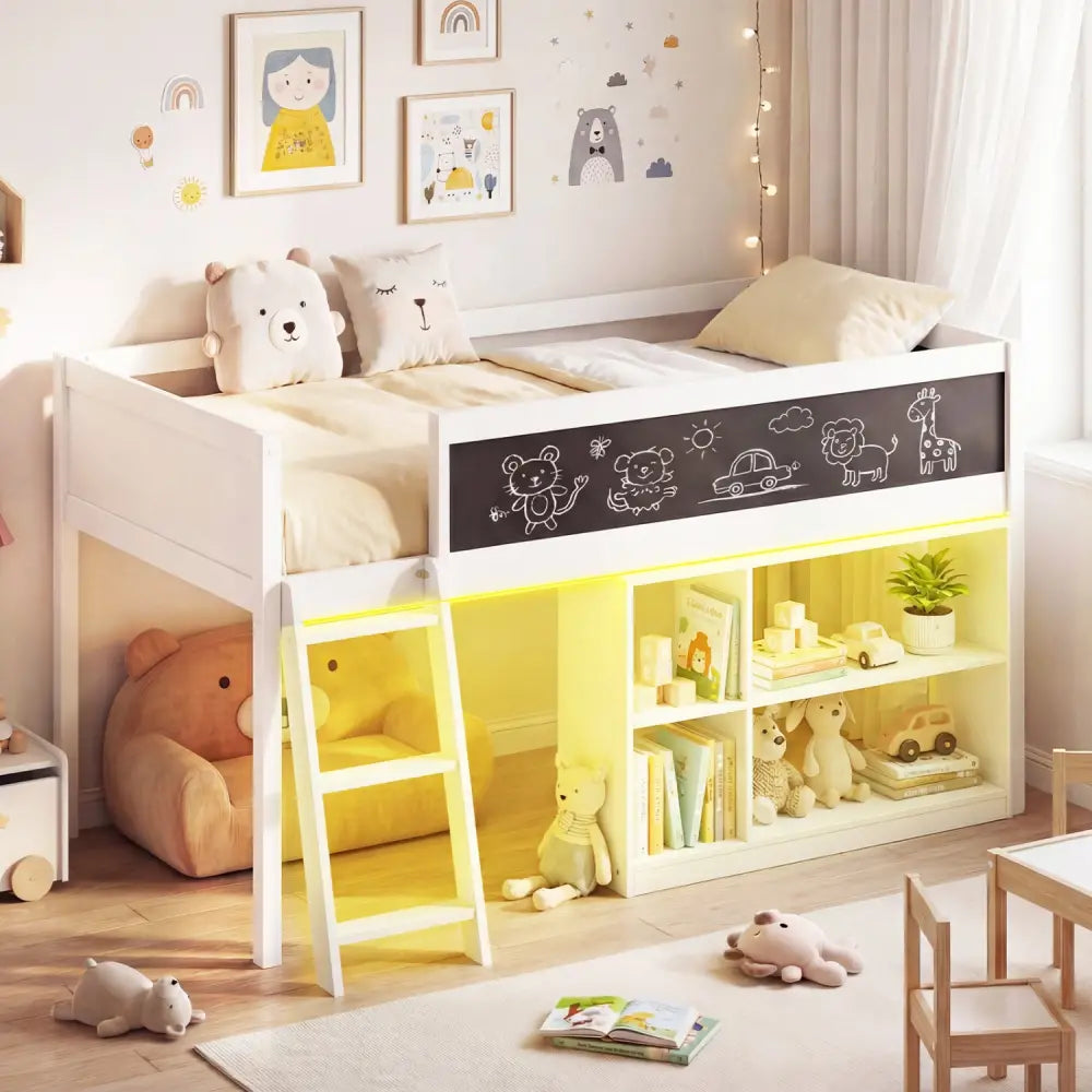 Twin Size Kids Loft Bed with LED Lights and Removable Bookcase-White - White - Bunk Bed Frame