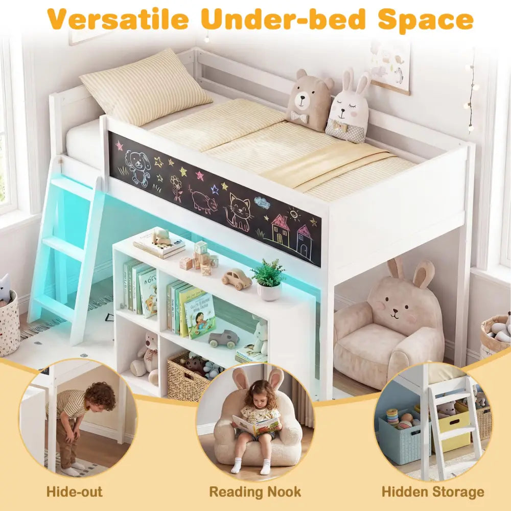 Twin Size Kids Loft Bed with LED Lights and Removable Bookcase-White - White - Bunk Bed Frame