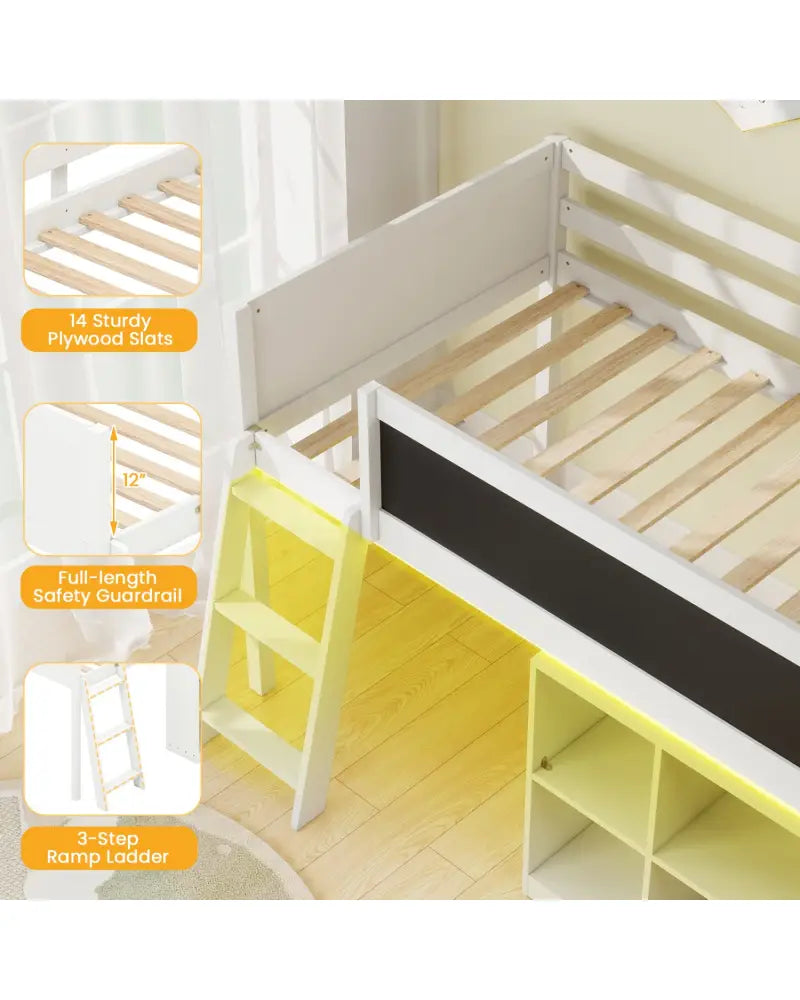 Twin Size Kids Loft Bed with LED Lights and Removable Bookcase-White - White - Bunk Bed Frame