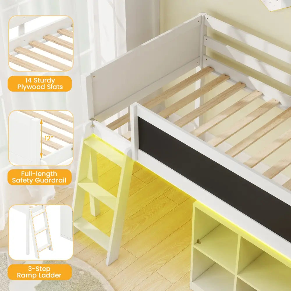 Twin Size Kids Loft Bed with LED Lights and Removable Bookcase-White - White - Bunk Bed Frame