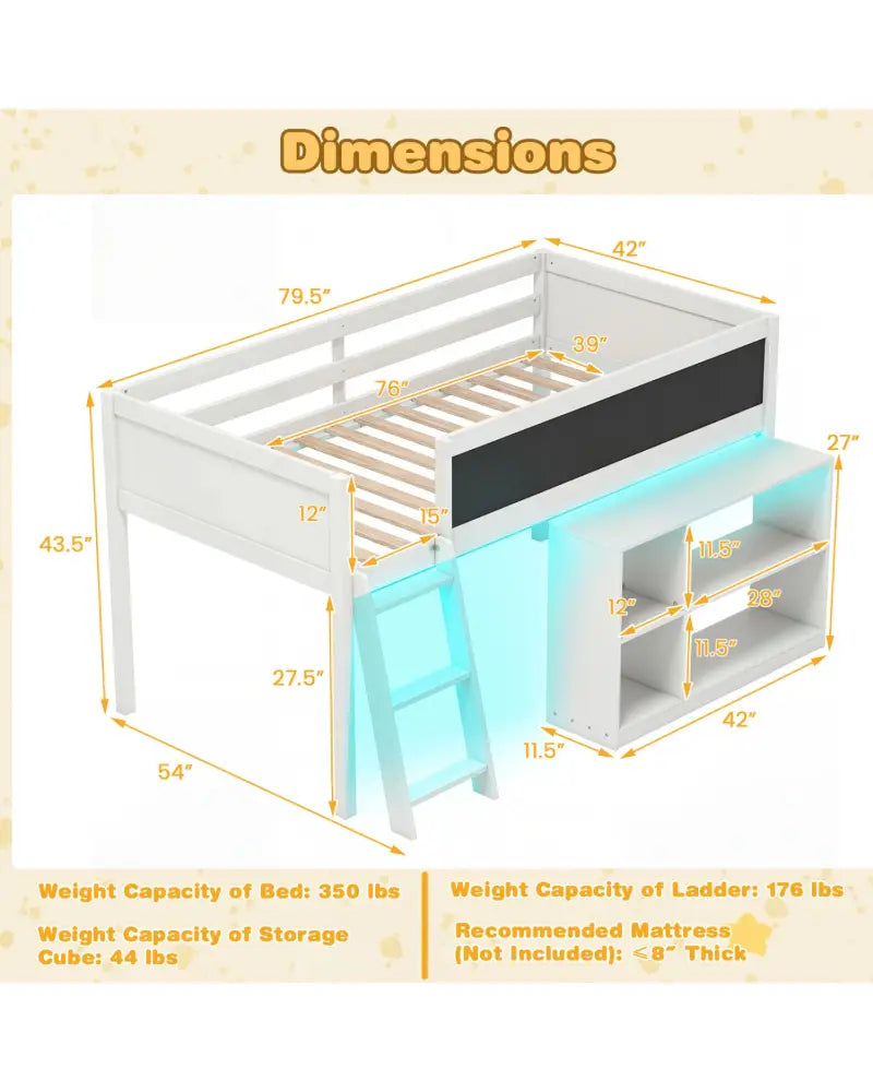Twin Size Kids Loft Bed with LED Lights and Removable Bookcase-White - White - Bunk Bed Frame