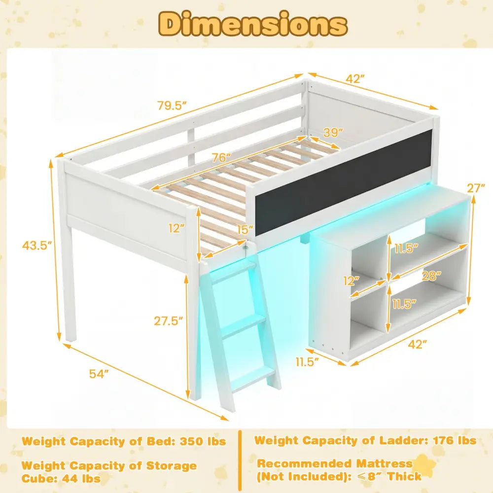 Twin Size Kids Loft Bed with LED Lights and Removable Bookcase-White - White - Bunk Bed Frame
