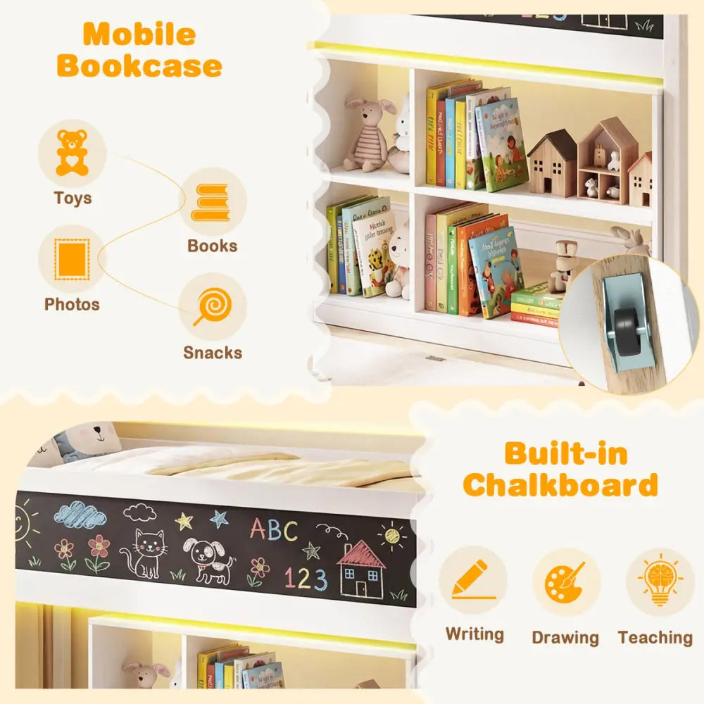 Twin Size Kids Loft Bed with LED Lights and Removable Bookcase-White - White - Bunk Bed Frame
