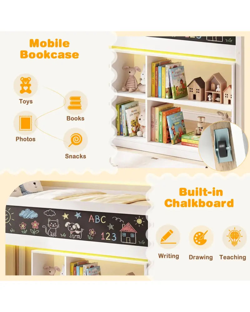 Twin Size Kids Loft Bed with LED Lights and Removable Bookcase-White - White - Bunk Bed Frame