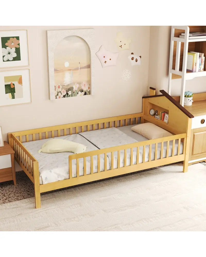 Twin Size Kids Montessori Bed with House-Shaped Headboard and Built-in Storage Shelf-Natural - Natural - Simple Bed