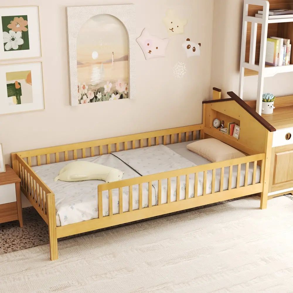 Twin Size Kids Montessori Bed with House-Shaped Headboard and Built-in Storage Shelf-Natural - Natural - Simple Bed