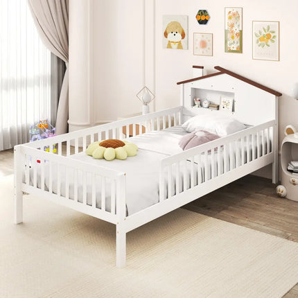 Twin Size Kids Montessori Bed with House-Shaped Headboard and Built-in Storage Shelf-White - White - Simple Bed Frame