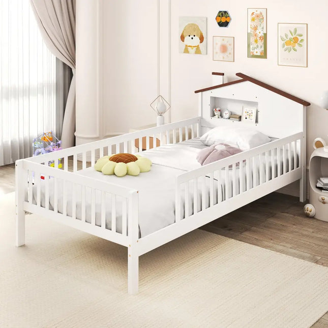 Twin Size Kids Montessori Bed with House-Shaped Headboard and Built-in Storage Shelf-White - White - Simple Bed Frame