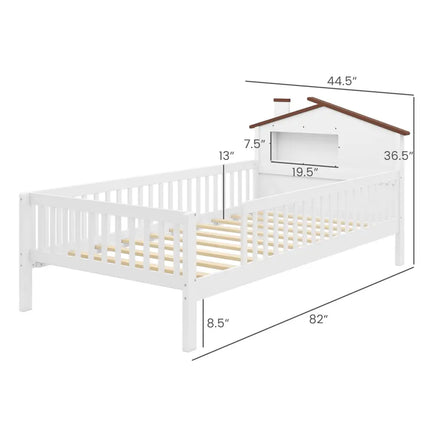 Twin Size Kids Montessori Bed with House-Shaped Headboard and Built-in Storage Shelf-White - White - Simple Bed Frame