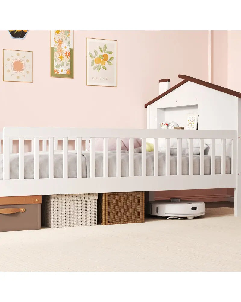 Twin Size Kids Montessori Bed with House-Shaped Headboard and Built-in Storage Shelf-White - White - Simple Bed Frame