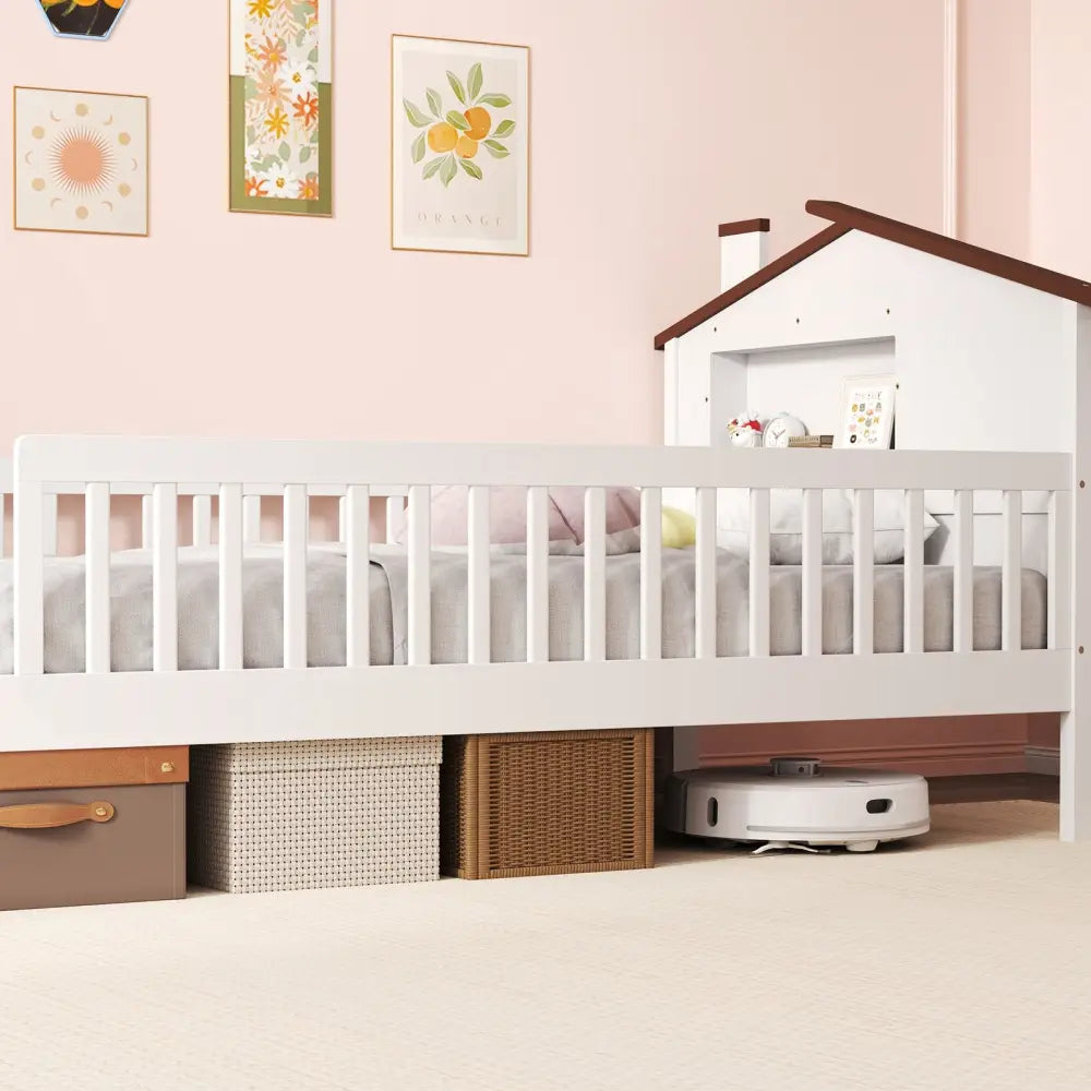 Twin Size Kids Montessori Bed with House-Shaped Headboard and Built-in Storage Shelf-White - White - Simple Bed Frame