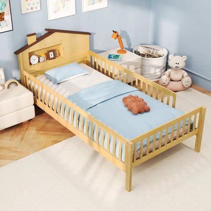 Twin Size Kids Montessori Bed with House-Shaped Headboard and Built-in Storage Shelf-Natural - Natural - Simple Bed