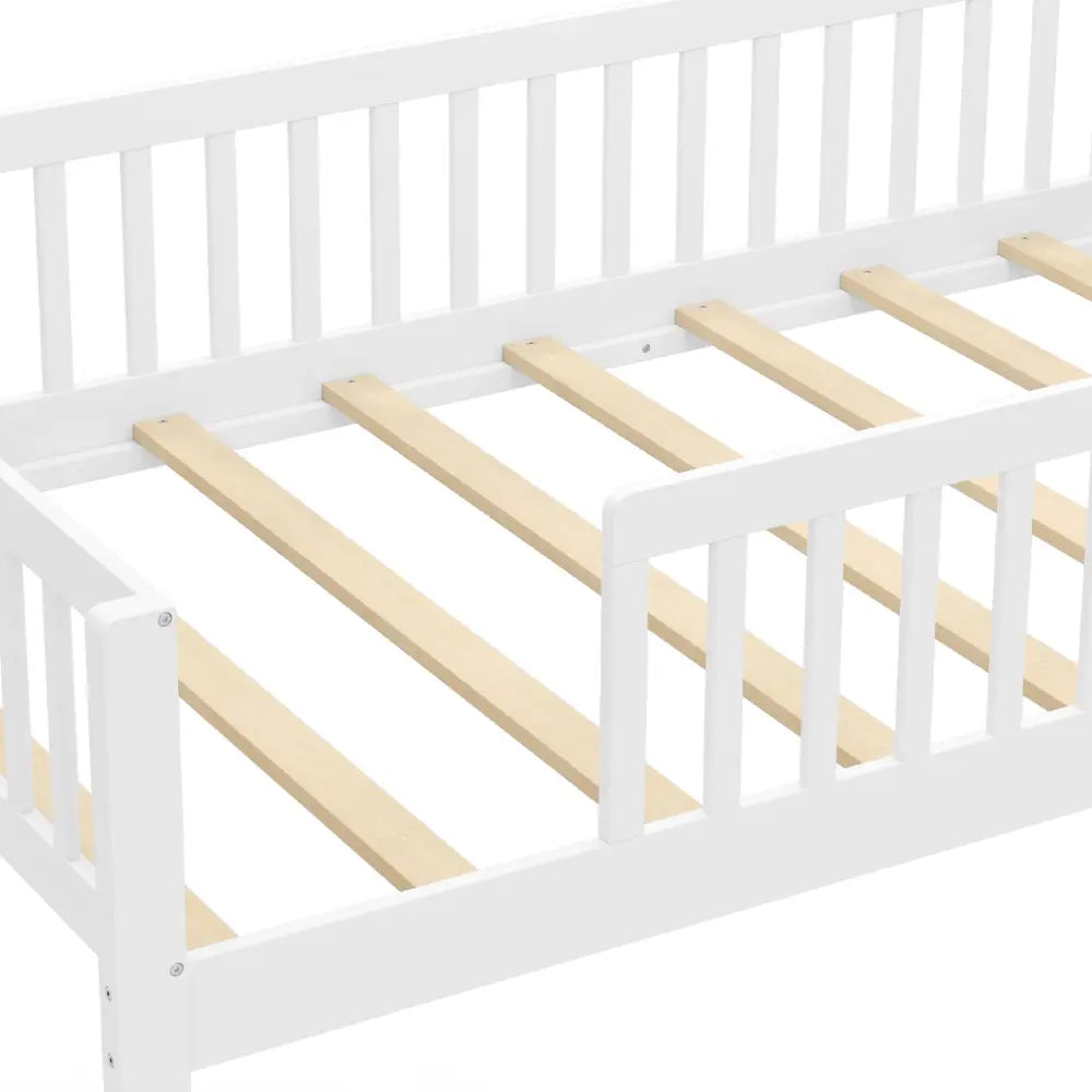 Twin Size Kids Montessori Bed with House-Shaped Headboard and Built-in Storage Shelf-White - White - Simple Bed Frame