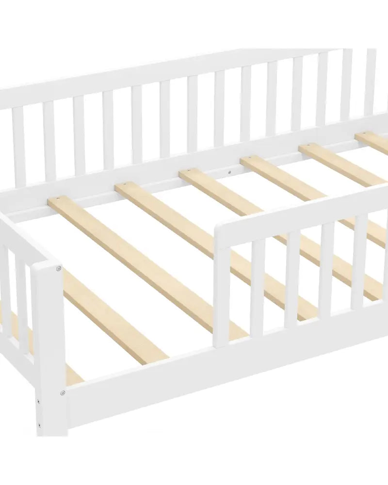Twin Size Kids Montessori Bed with House-Shaped Headboard and Built-in Storage Shelf-White - White - Simple Bed Frame