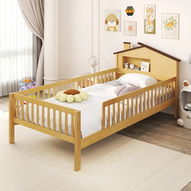Twin Size Kids Montessori Bed with House-Shaped Headboard and Built-in Storage Shelf-Natural - Natural - Simple Bed