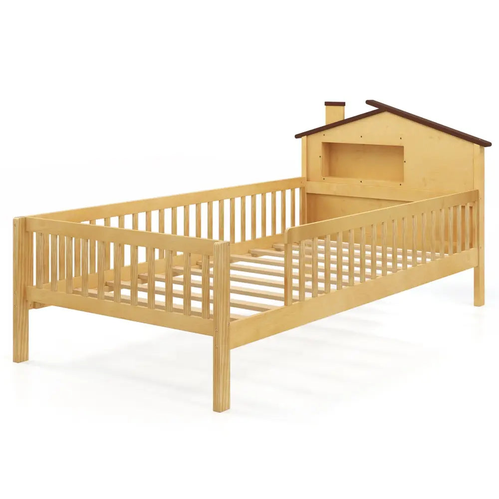 Twin Size Kids Montessori Bed with House-Shaped Headboard and Built-in Storage Shelf-Natural - Natural - Simple Bed