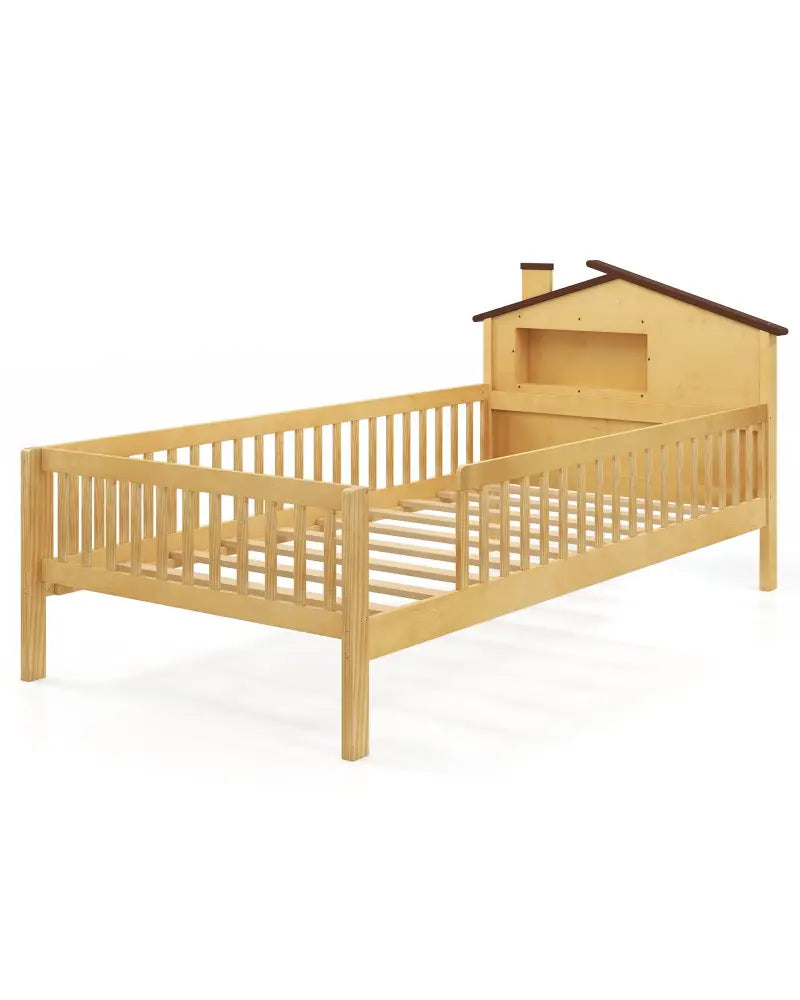 Twin Size Kids Montessori Bed with House-Shaped Headboard and Built-in Storage Shelf-Natural - Natural - Simple Bed