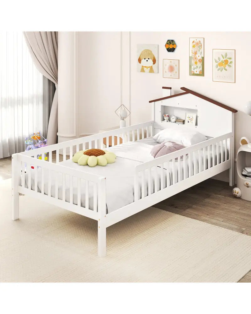 Twin Size Kids Montessori Bed with House-Shaped Headboard and Built-in Storage Shelf-White - White - Simple Bed Frame