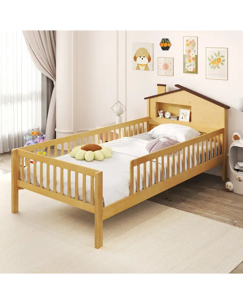 Twin Size Kids Montessori Bed with House-Shaped Headboard and Built-in Storage Shelf-Natural - Natural - Simple Bed