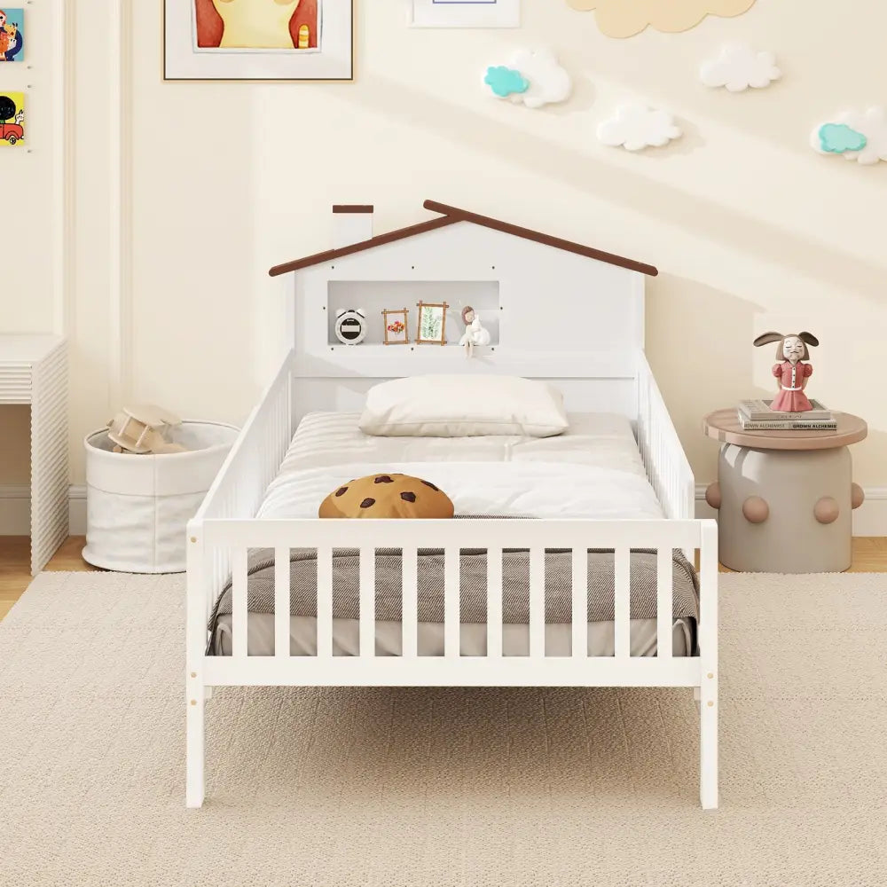 Twin Size Kids Montessori Bed with House-Shaped Headboard and Built-in Storage Shelf-White - White - Simple Bed Frame