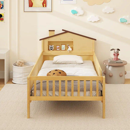 Twin Size Kids Montessori Bed with House-Shaped Headboard and Built-in Storage Shelf-Natural - Natural - Simple Bed