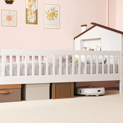 Twin Size Kids Montessori Bed with House-Shaped Headboard and Built-in Storage Shelf-White - White - Simple Bed Frame