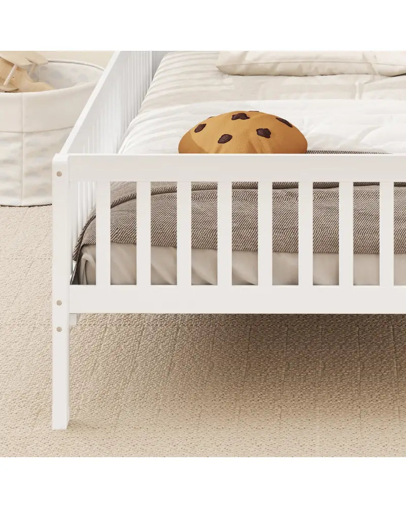 Twin Size Kids Montessori Bed with House-Shaped Headboard and Built-in Storage Shelf-White - White - Simple Bed Frame