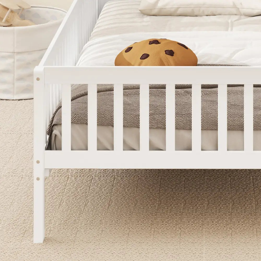 Twin Size Kids Montessori Bed with House-Shaped Headboard and Built-in Storage Shelf-White - White - Simple Bed Frame