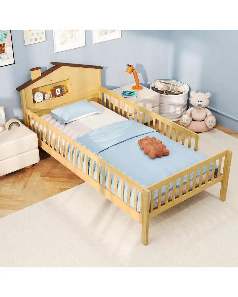 Twin Size Kids Montessori Bed with House-Shaped Headboard and Built-in Storage Shelf-Natural - Natural - Simple Bed