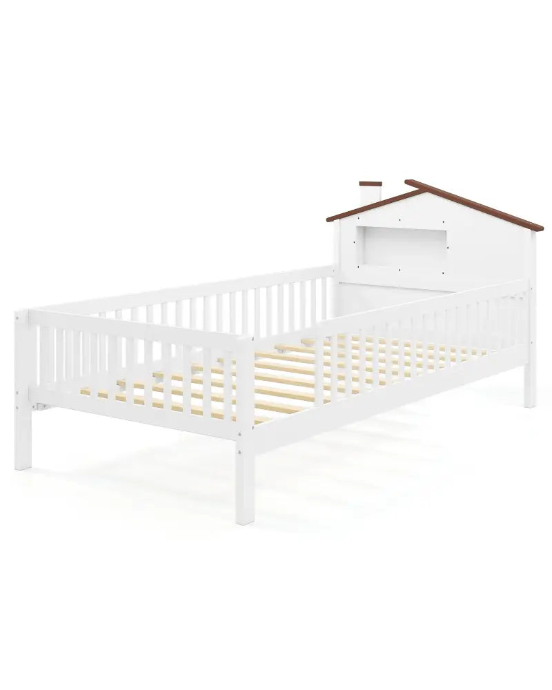 Twin Size Kids Montessori Bed with House-Shaped Headboard and Built-in Storage Shelf-White - White - Simple Bed Frame