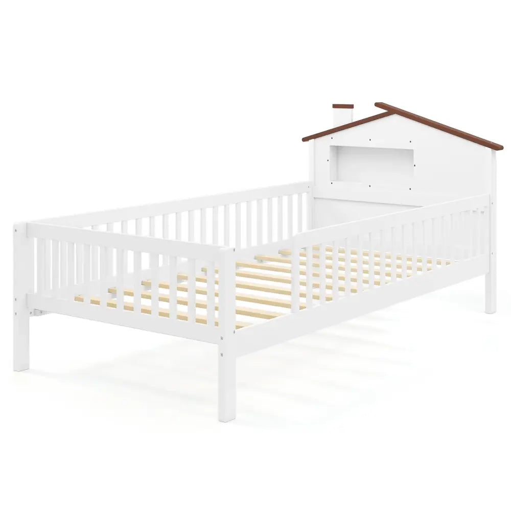 Twin Size Kids Montessori Bed with House-Shaped Headboard and Built-in Storage Shelf-White - White - Simple Bed Frame