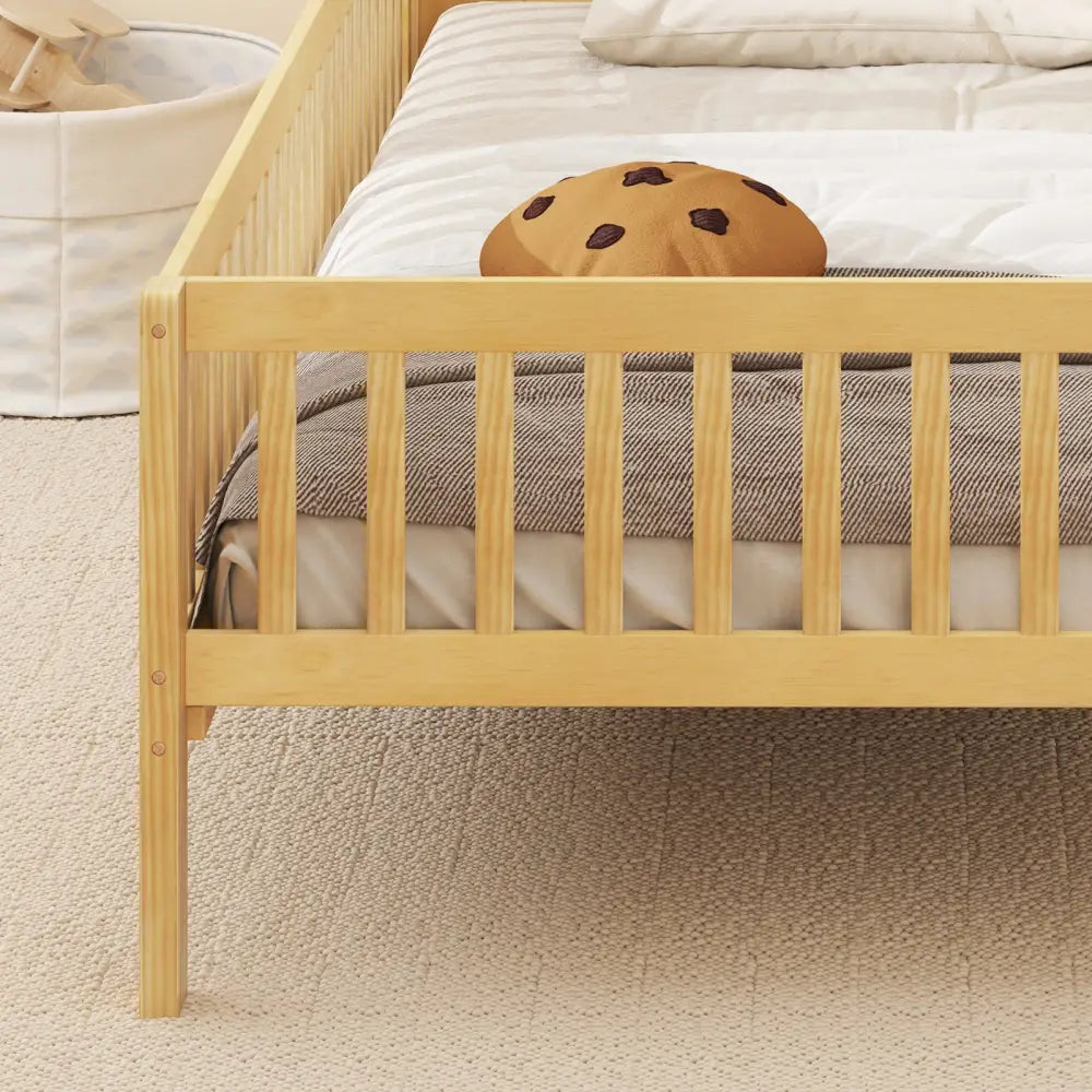 Twin Size Kids Montessori Bed with House-Shaped Headboard and Built-in Storage Shelf-Natural - Natural - Simple Bed