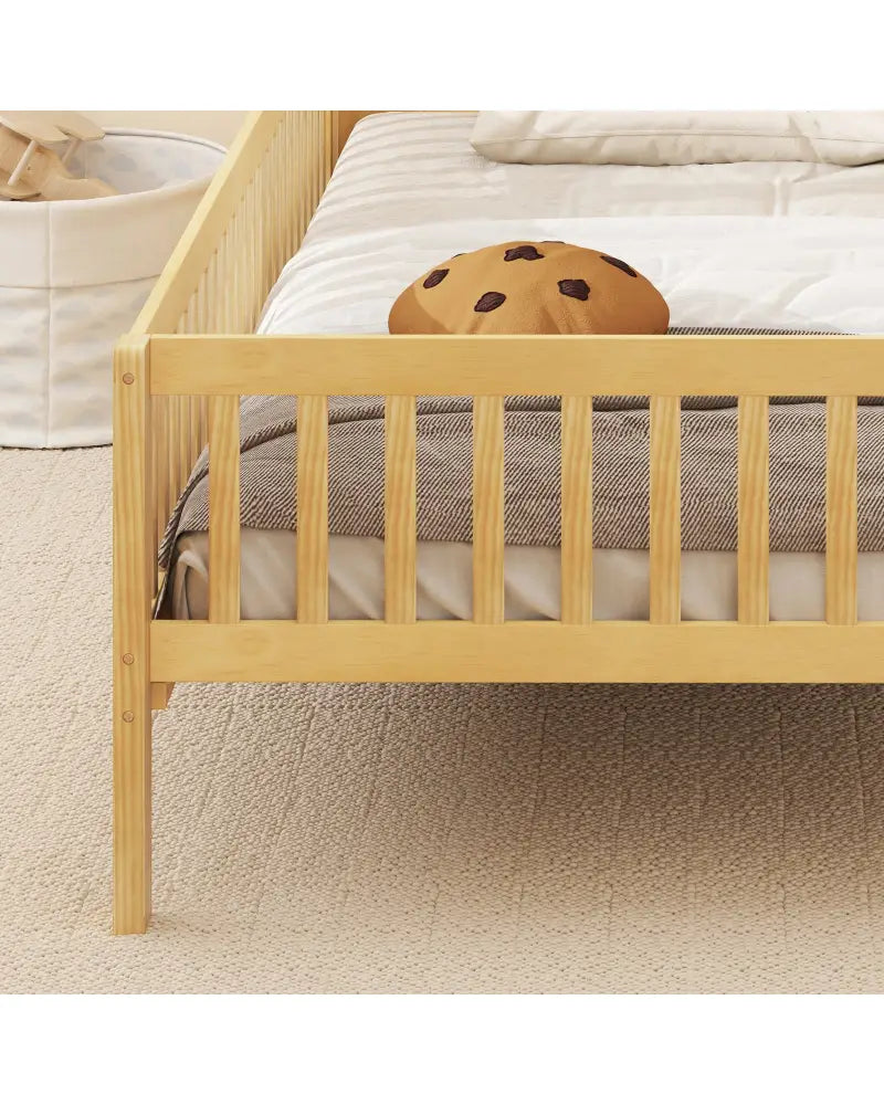 Twin Size Kids Montessori Bed with House-Shaped Headboard and Built-in Storage Shelf-Natural - Natural - Simple Bed