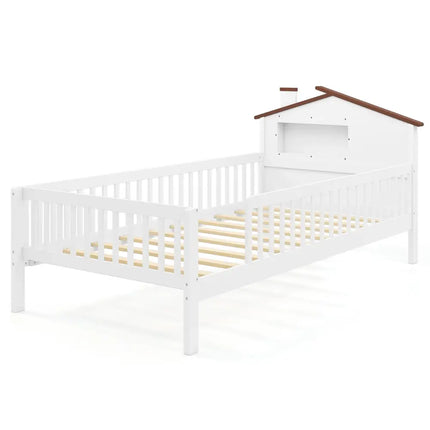 Twin Size Kids Montessori Bed with House-Shaped Headboard and Built-in Storage Shelf-White - White - Simple Bed Frame