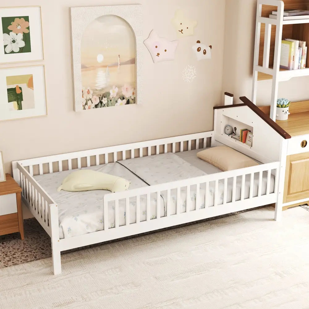 Twin Size Kids Montessori Bed with House-Shaped Headboard and Built-in Storage Shelf-White - White - Simple Bed Frame