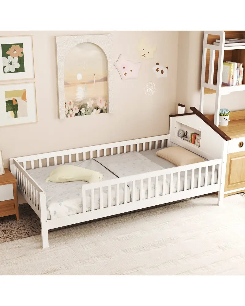 Twin Size Kids Montessori Bed with House-Shaped Headboard and Built-in Storage Shelf-White - White - Simple Bed Frame