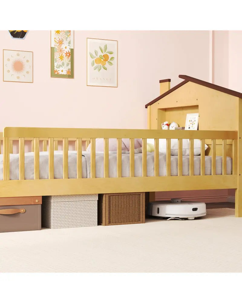 Twin Size Kids Montessori Bed with House-Shaped Headboard and Built-in Storage Shelf-Natural - Natural - Simple Bed