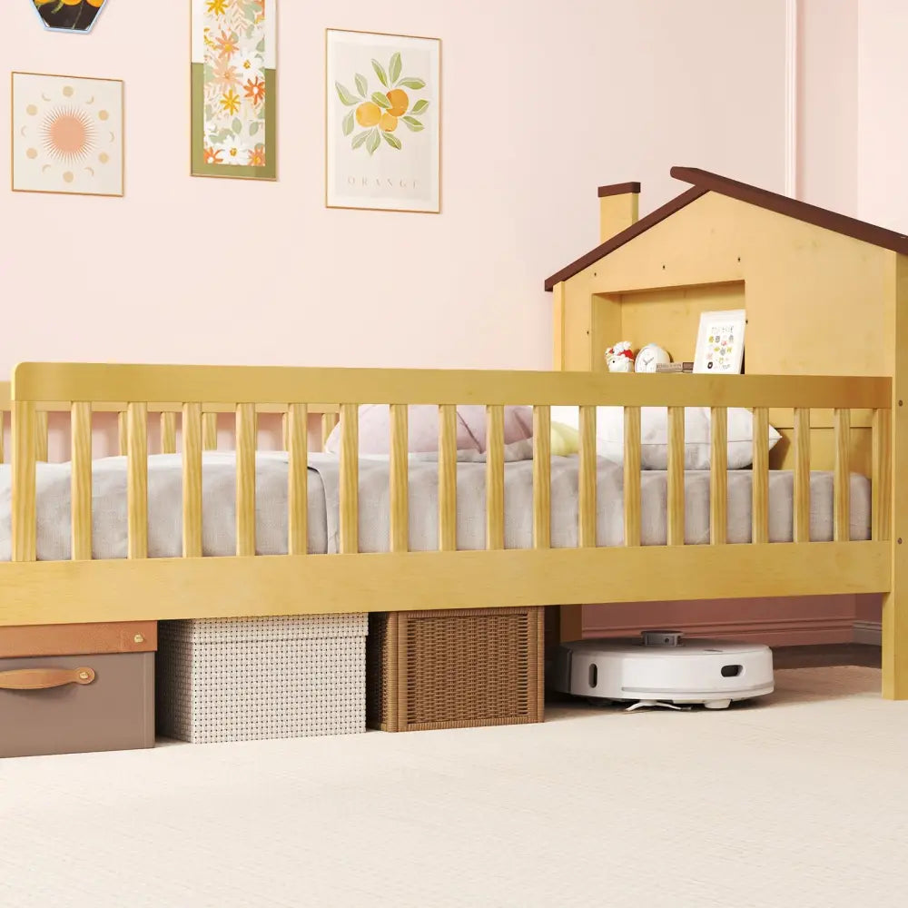 Twin Size Kids Montessori Bed with House-Shaped Headboard and Built-in Storage Shelf-Natural - Natural - Simple Bed