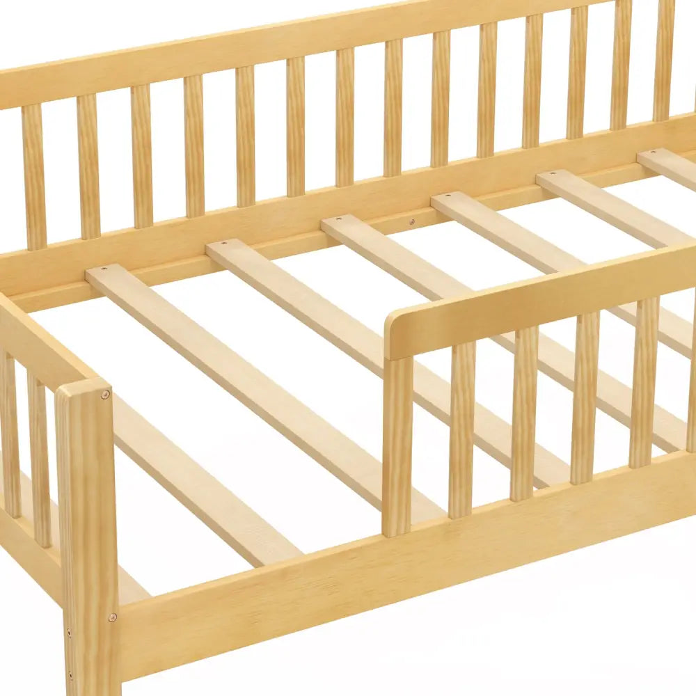 Twin Size Kids Montessori Bed with House-Shaped Headboard and Built-in Storage Shelf-Natural - Natural - Simple Bed