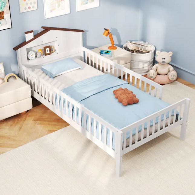 Twin Size Kids Montessori Bed with House-Shaped Headboard and Built-in Storage Shelf-White - White - Simple Bed Frame