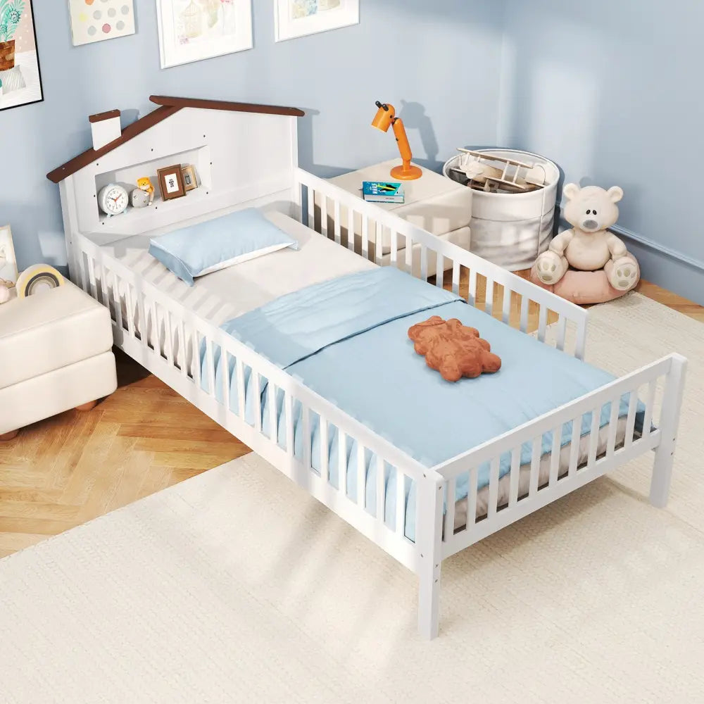 Twin Size Kids Montessori Bed with House-Shaped Headboard and Built-in Storage Shelf-White - White - Simple Bed Frame