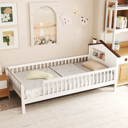 Twin Size Kids Montessori Bed with House-Shaped Headboard and Built-in Storage Shelf-White - White - Simple Bed Frame