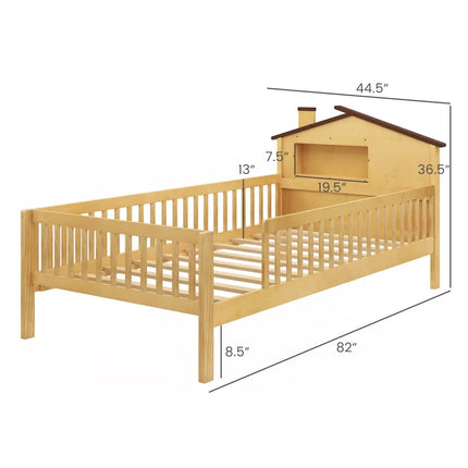 Twin Size Kids Montessori Bed with House-Shaped Headboard and Built-in Storage Shelf-Natural - Natural - Simple Bed