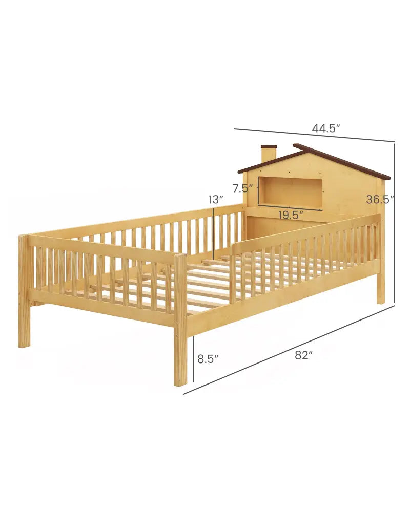 Twin Size Kids Montessori Bed with House-Shaped Headboard and Built-in Storage Shelf-Natural - Natural - Simple Bed