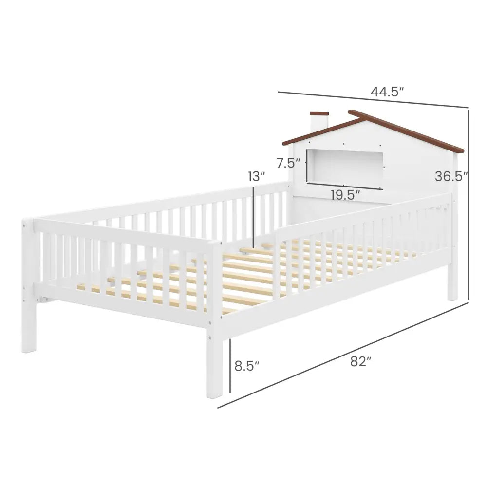 Twin Size Kids Montessori Bed with House-Shaped Headboard and Built-in Storage Shelf-White - White - Simple Bed Frame